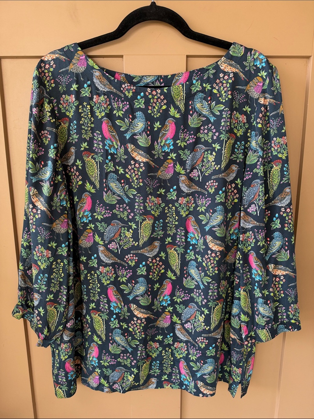 J. Jill New w Tag L Navy Multicolor Bird & Floral Print Blouse Novelty
